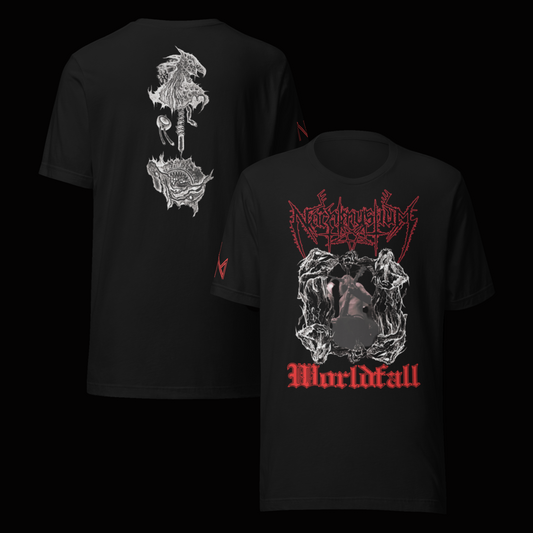 Black t-shirt with graphic designs on front and back, featuring text and imagery.