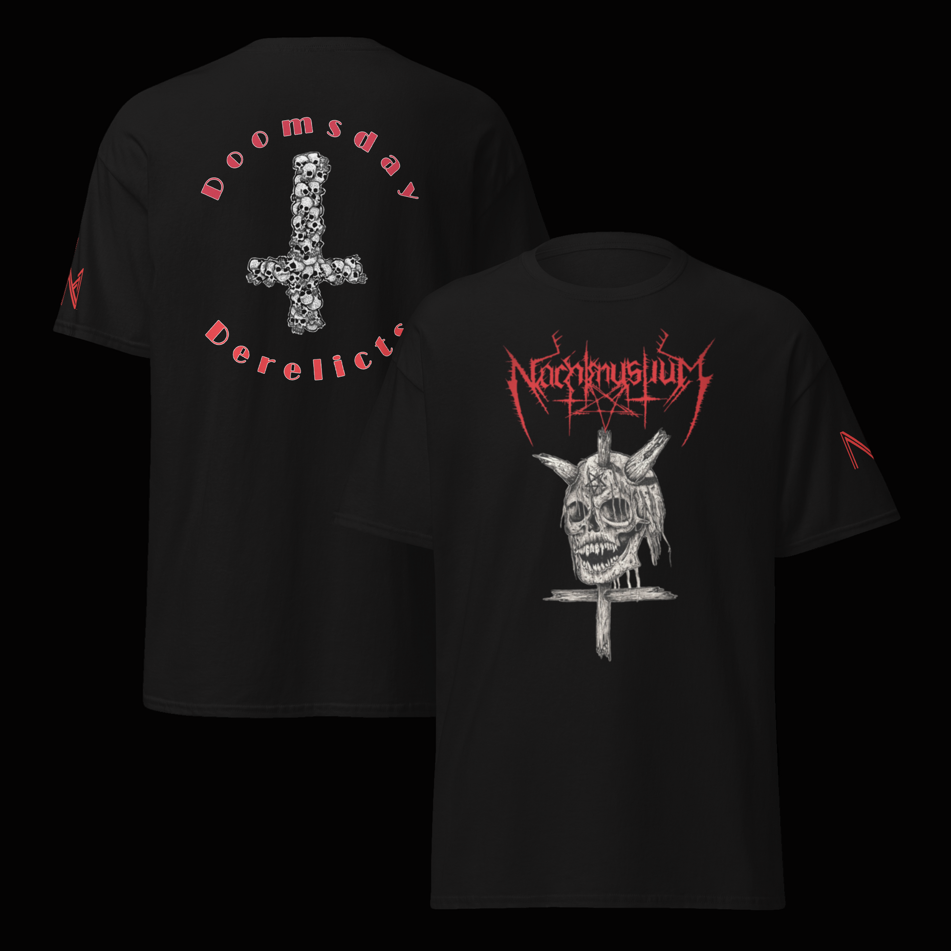 Black t-shirt with graphic designs on the front and back, featuring text and symbols.